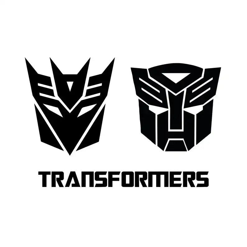 Due iconici loghi dei Transformers - i simboli Decepticon e Autobot - con il testo 'TRANSFORMERS' sotto di essi.